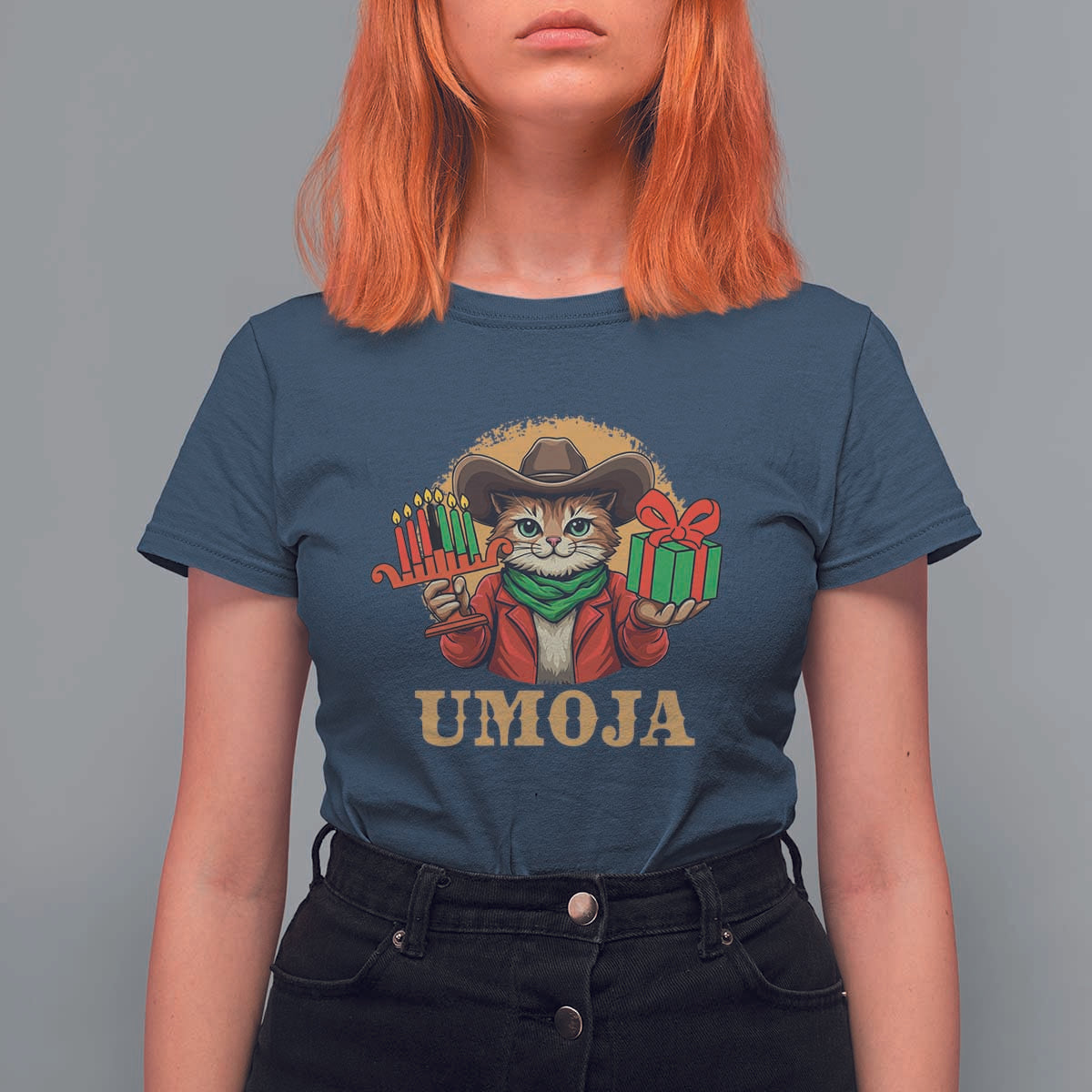 Funny Umoja Holiday Gift T Shirt For Women CowCat Kwanzaa Kinara Candle And Presents - Wonder Print Shop