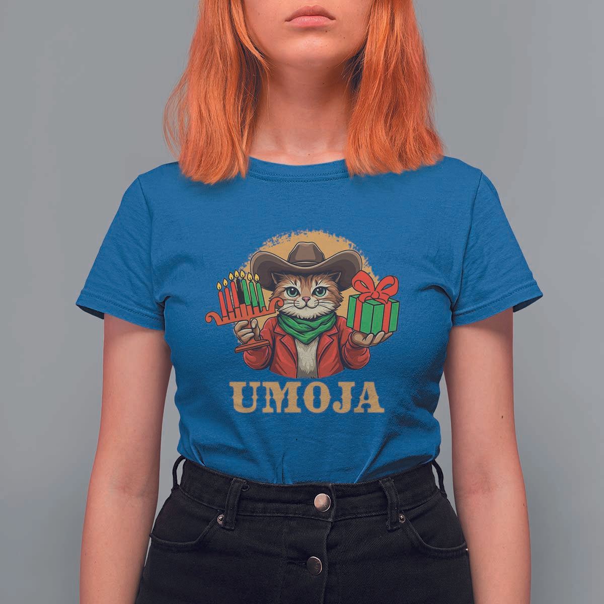 Funny Umoja Holiday Gift T Shirt For Women CowCat Kwanzaa Kinara Candle And Presents - Wonder Print Shop