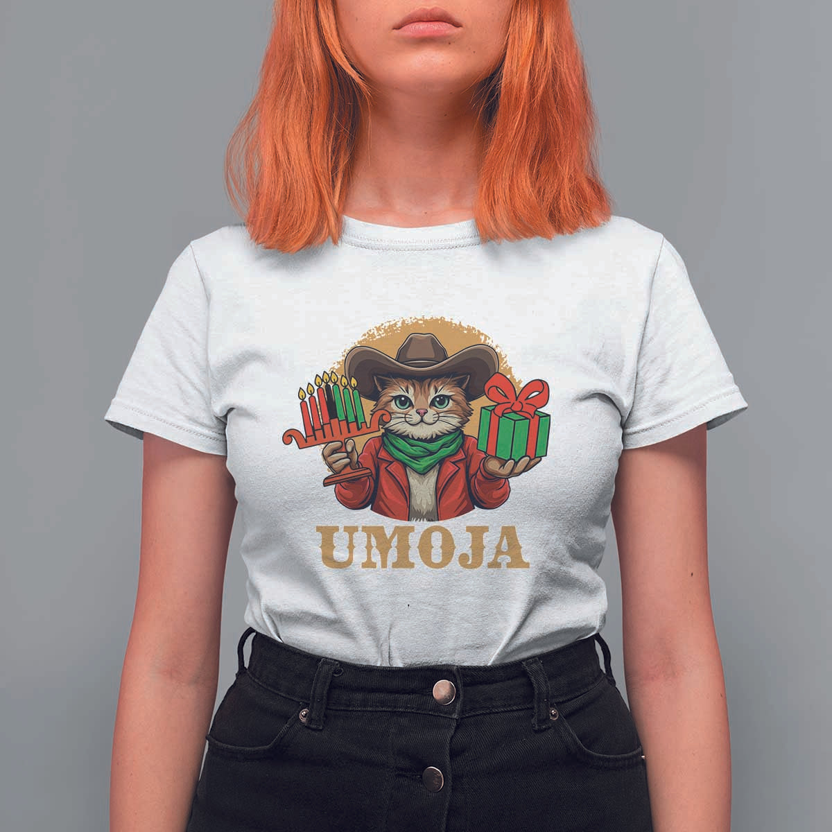 Funny Umoja Holiday Gift T Shirt For Women CowCat Kwanzaa Kinara Candle And Presents - Wonder Print Shop