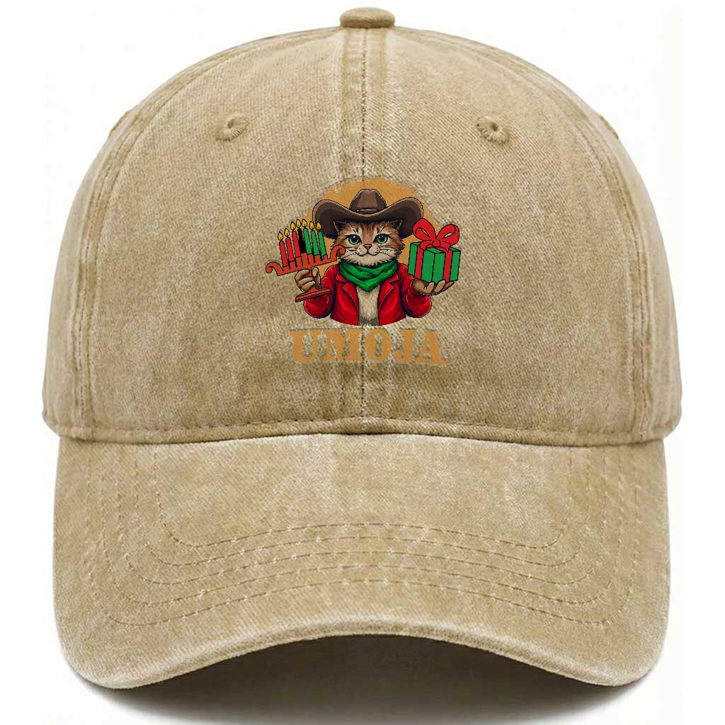 Funny Umoja Holiday Gift Washed Cotton Baseball Cap CowCat Kwanzaa Kinara Candle And Presents