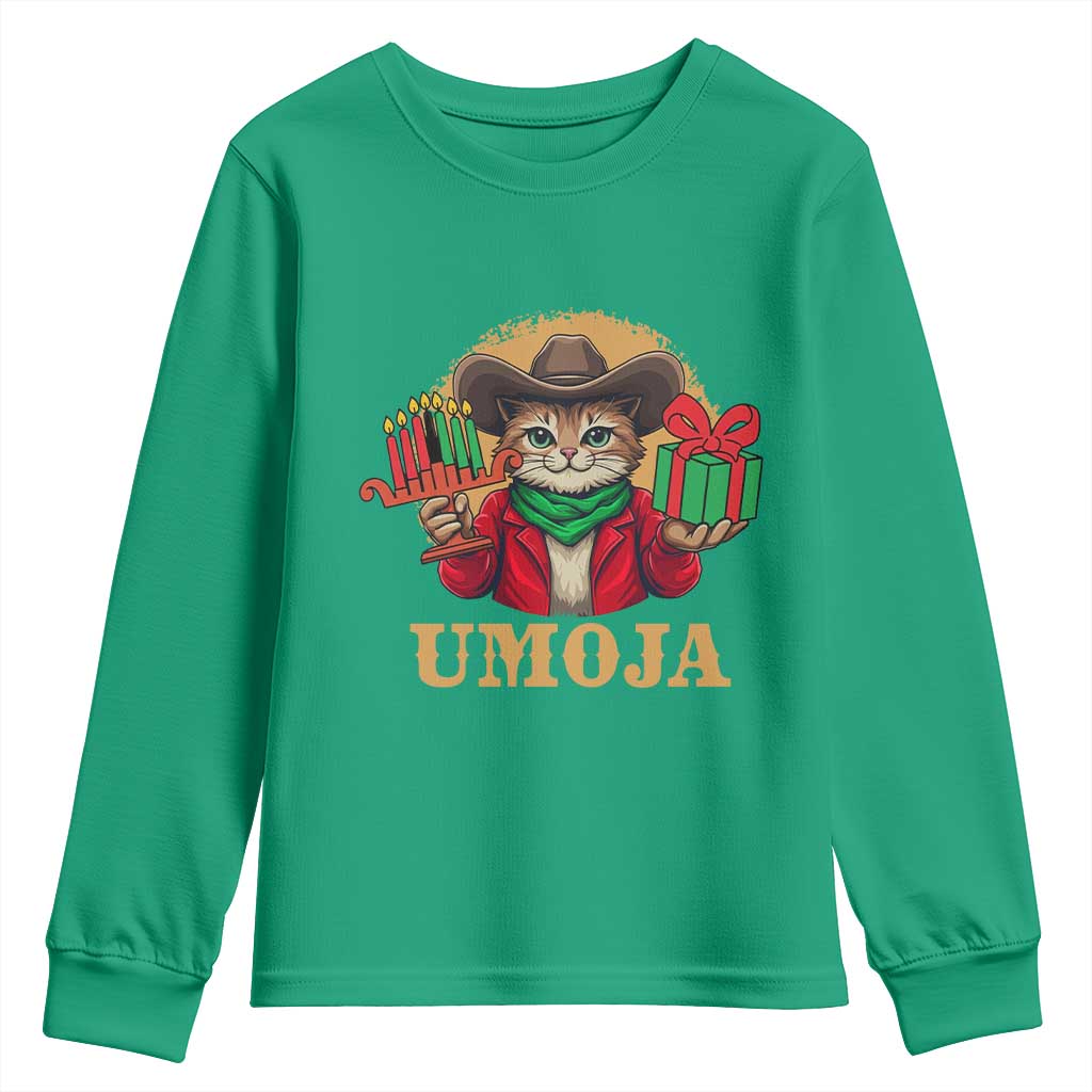 Funny Umoja Holiday Gift Youth Sweatshirt CowCat Kwanzaa Kinara Candle And Presents - Wonder Print Shop