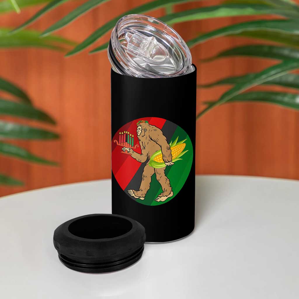 African American Holiday Gift 4 in 1 Can Cooler Tumbler Retro Sunset Bigfoot With Kwanzaa Candle - Wonder Print Shop