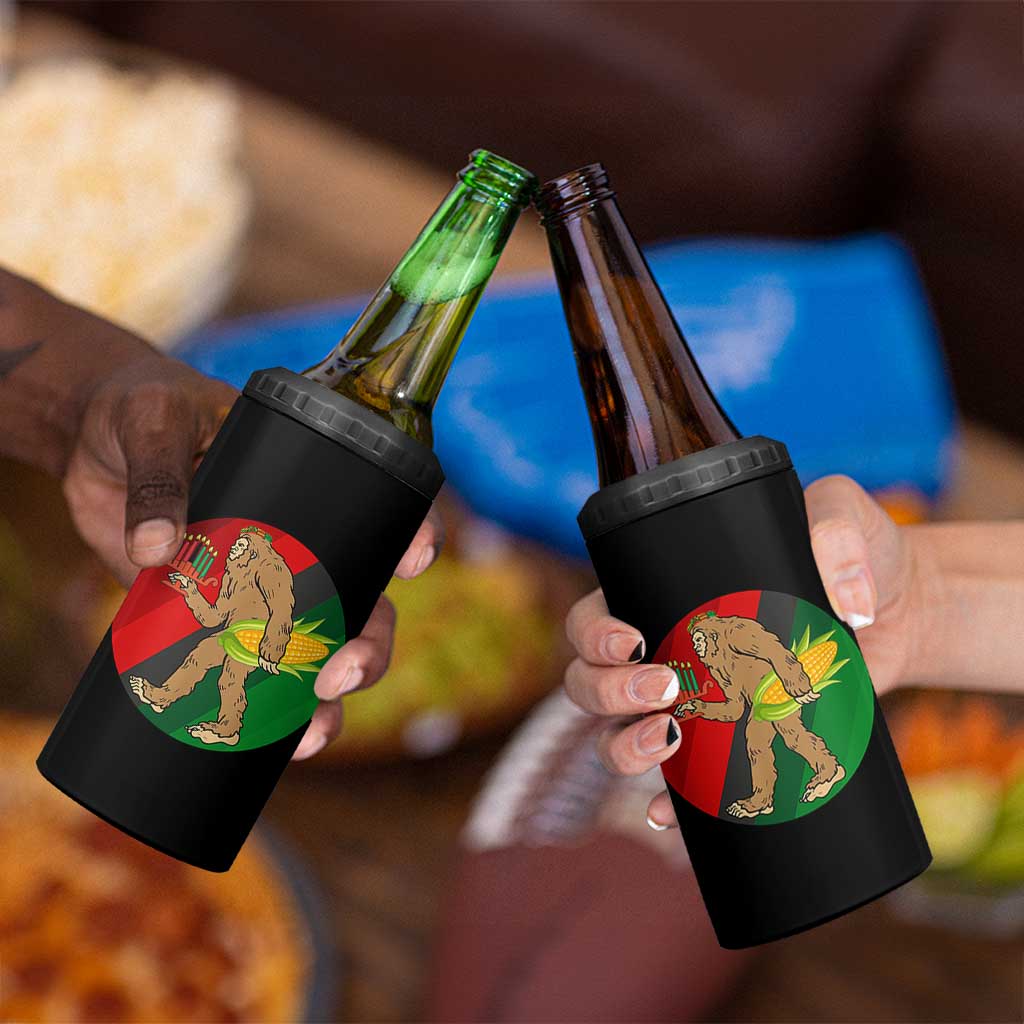 African American Holiday Gift 4 in 1 Can Cooler Tumbler Retro Sunset Bigfoot With Kwanzaa Candle - Wonder Print Shop