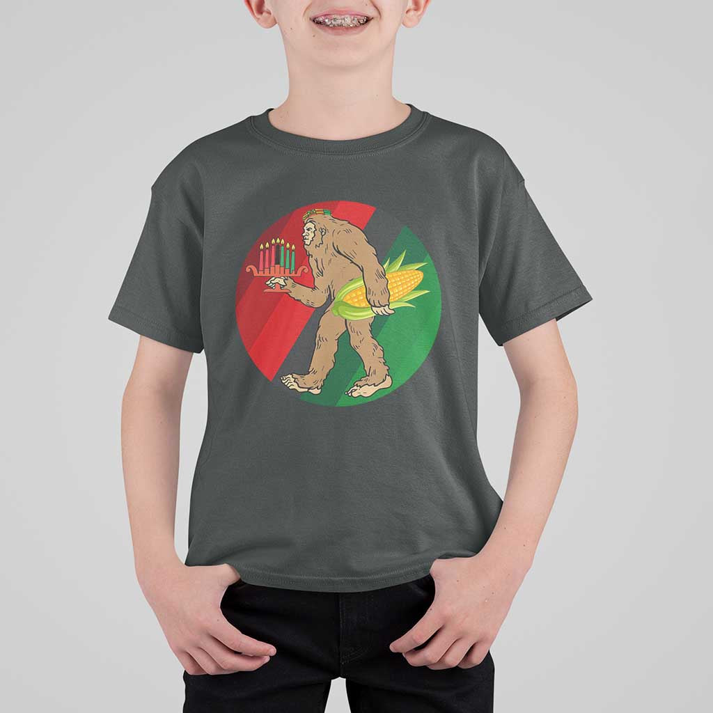 African American Holiday Gift T Shirt For Kid Retro Sunset Bigfoot With Kwanzaa Candle - Wonder Print Shop