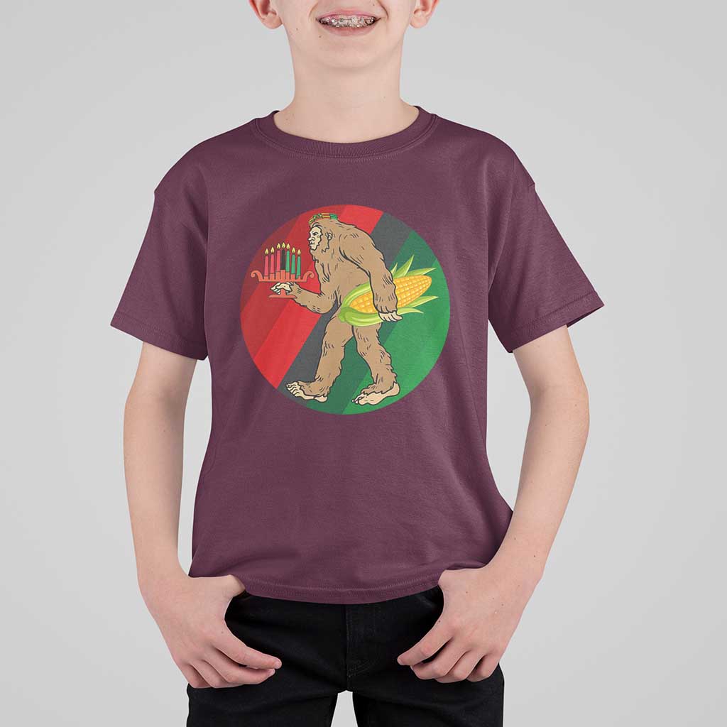 African American Holiday Gift T Shirt For Kid Retro Sunset Bigfoot With Kwanzaa Candle - Wonder Print Shop