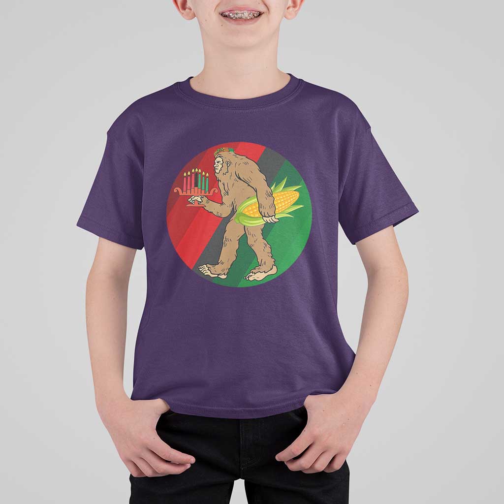 African American Holiday Gift T Shirt For Kid Retro Sunset Bigfoot With Kwanzaa Candle - Wonder Print Shop