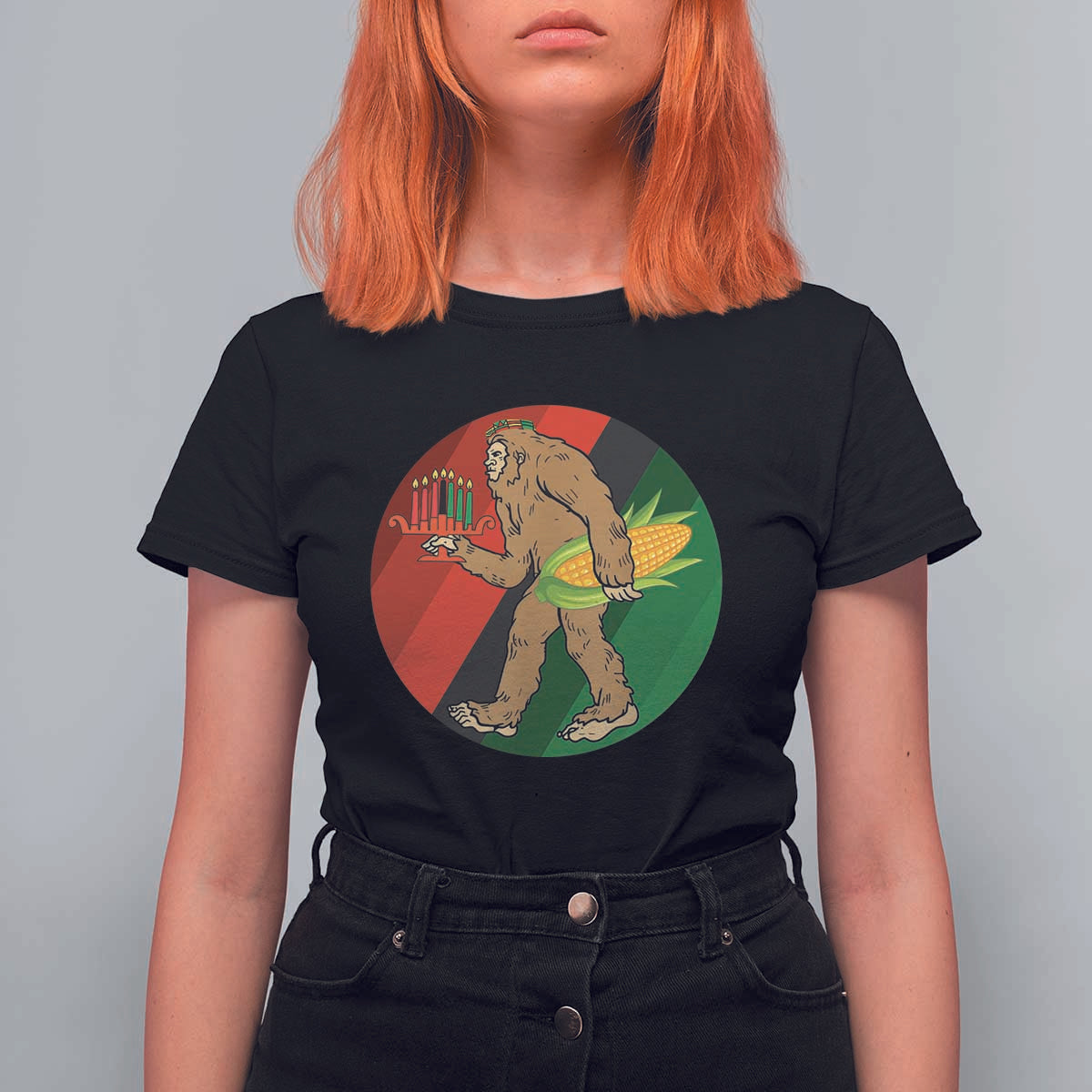 African American Holiday Gift T Shirt For Women Retro Sunset Bigfoot With Kwanzaa Candle - Wonder Print Shop