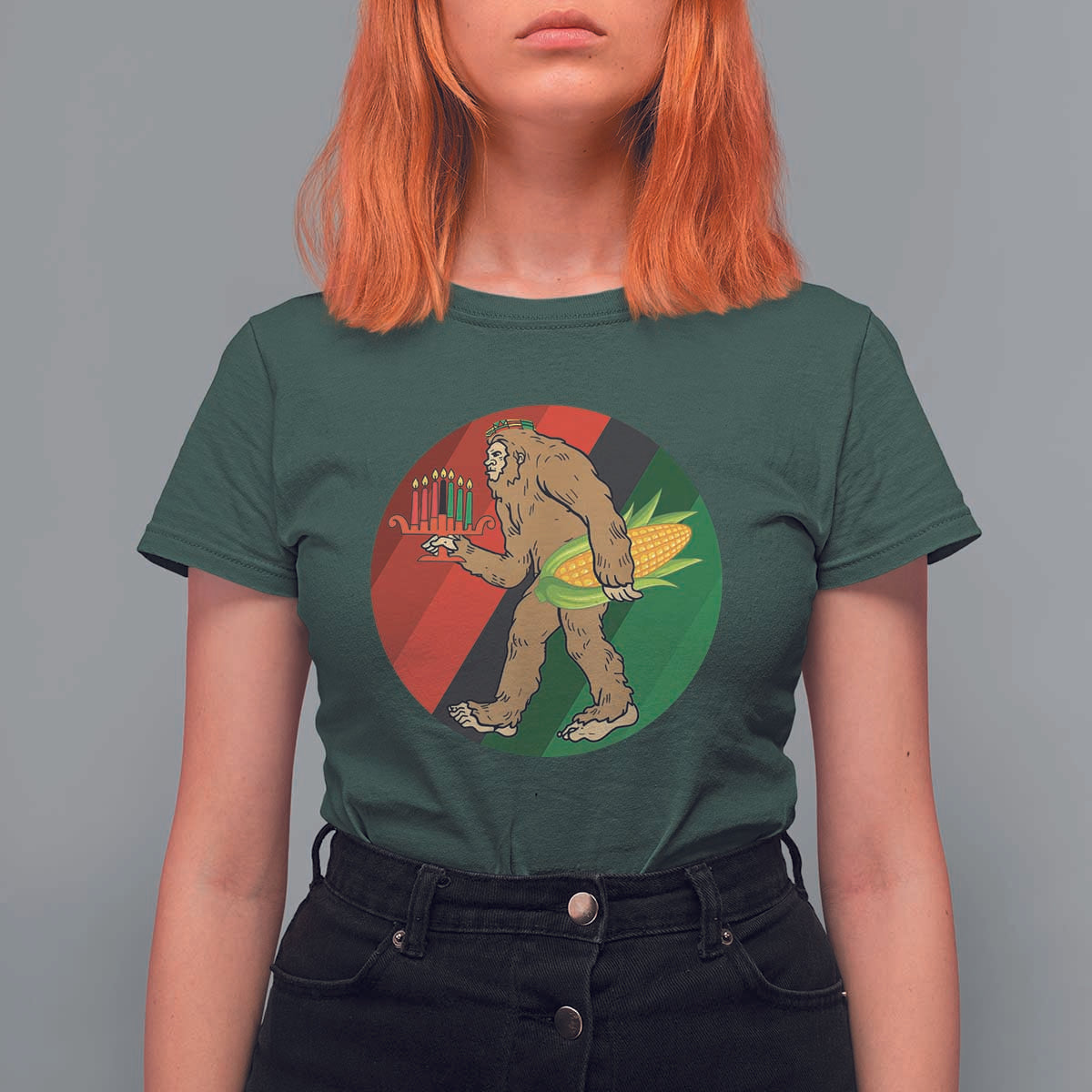 African American Holiday Gift T Shirt For Women Retro Sunset Bigfoot With Kwanzaa Candle - Wonder Print Shop