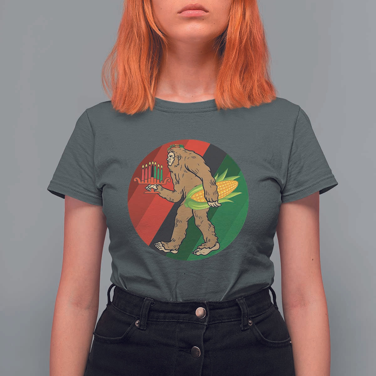 African American Holiday Gift T Shirt For Women Retro Sunset Bigfoot With Kwanzaa Candle - Wonder Print Shop