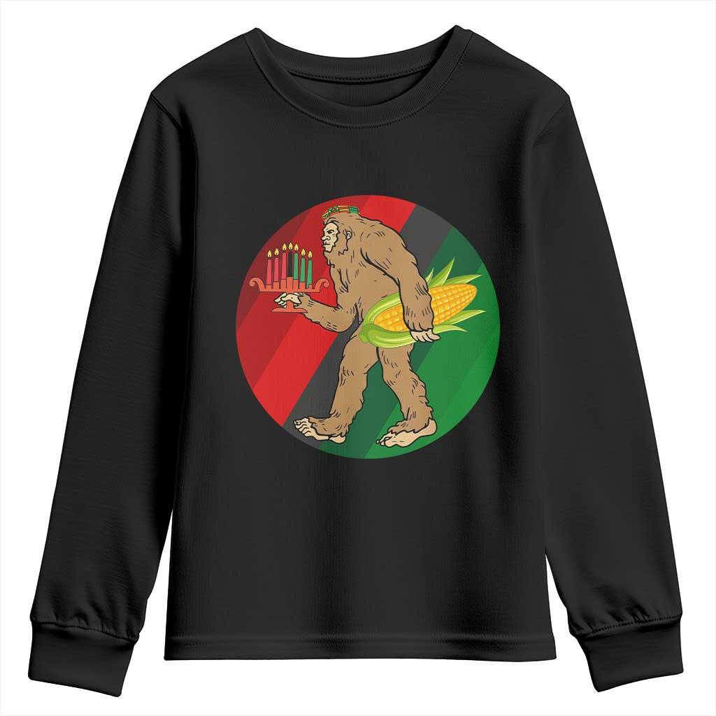 African American Holiday Gift Youth Sweatshirt Retro Sunset Bigfoot With Kwanzaa Candle - Wonder Print Shop