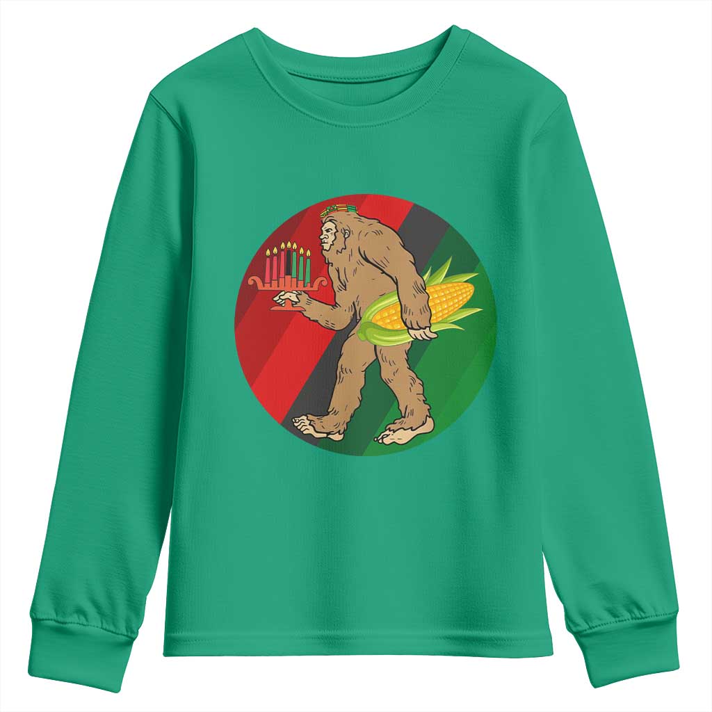 African American Holiday Gift Youth Sweatshirt Retro Sunset Bigfoot With Kwanzaa Candle - Wonder Print Shop