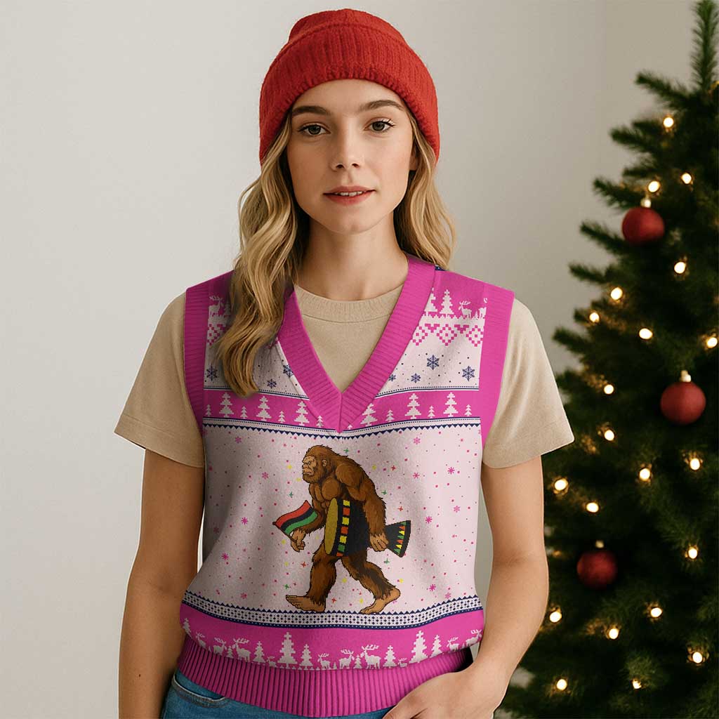 Funny Kwanzaa Bigfoot Lover V-Neck Knit Sweater Vest African American Holiday Gift - Wonder Print Shop