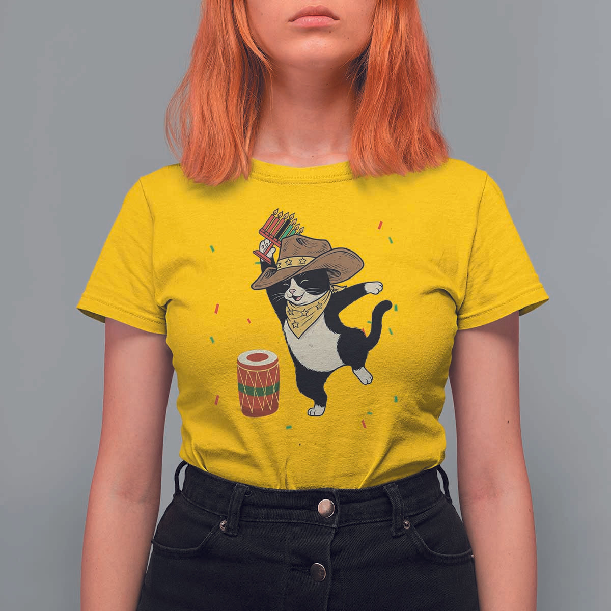 Funny Kwanzaa Cowcat Dance T Shirt For Women Festival Of Lights African Heritage Gift - Wonder Print Shop