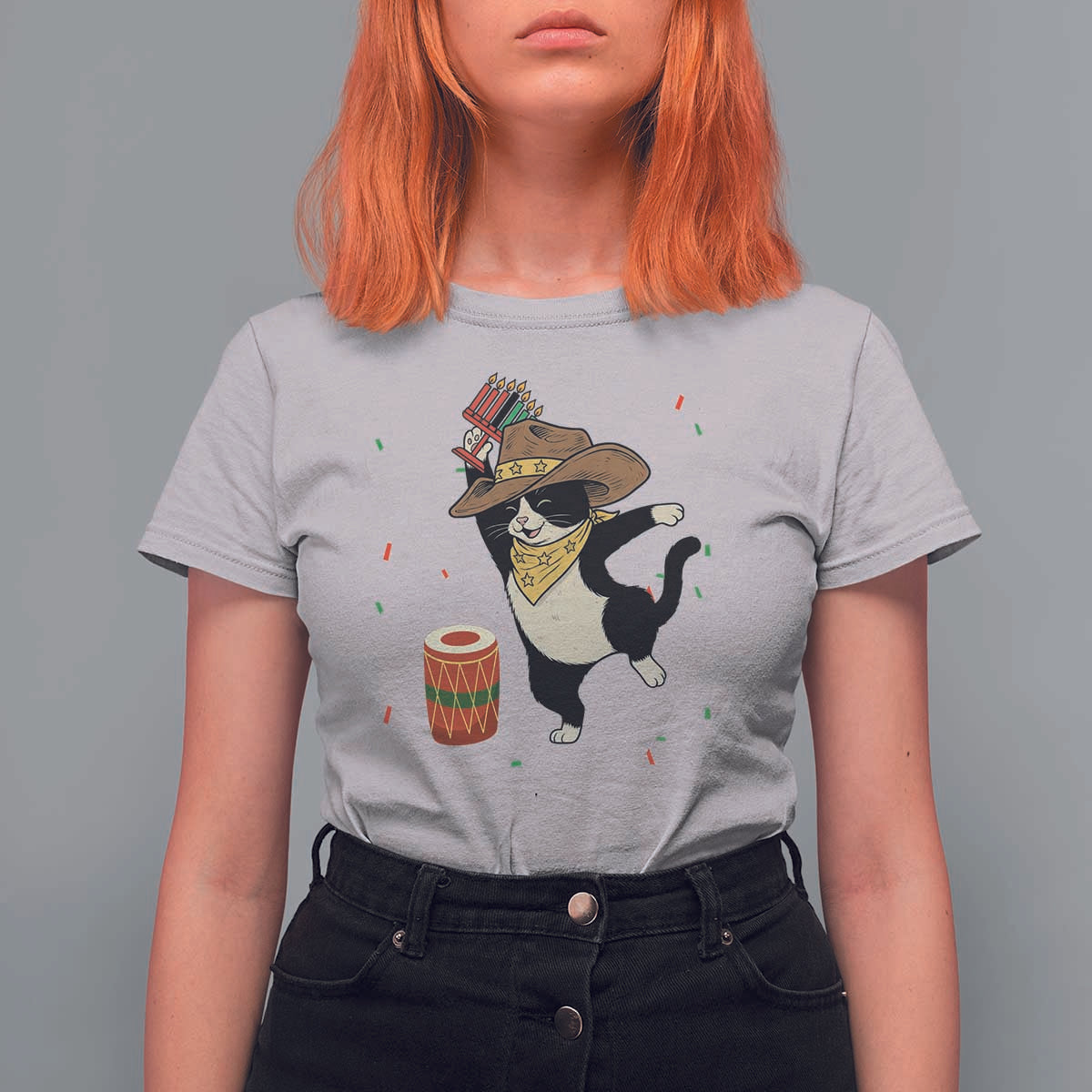 Funny Kwanzaa Cowcat Dance T Shirt For Women Festival Of Lights African Heritage Gift - Wonder Print Shop