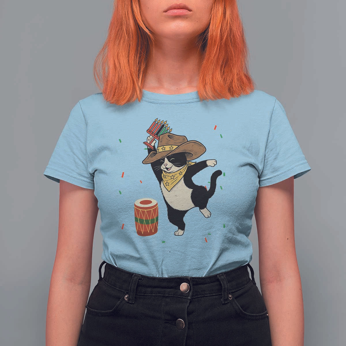 Funny Kwanzaa Cowcat Dance T Shirt For Women Festival Of Lights African Heritage Gift - Wonder Print Shop