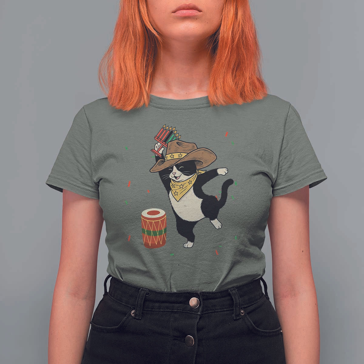 Funny Kwanzaa Cowcat Dance T Shirt For Women Festival Of Lights African Heritage Gift - Wonder Print Shop