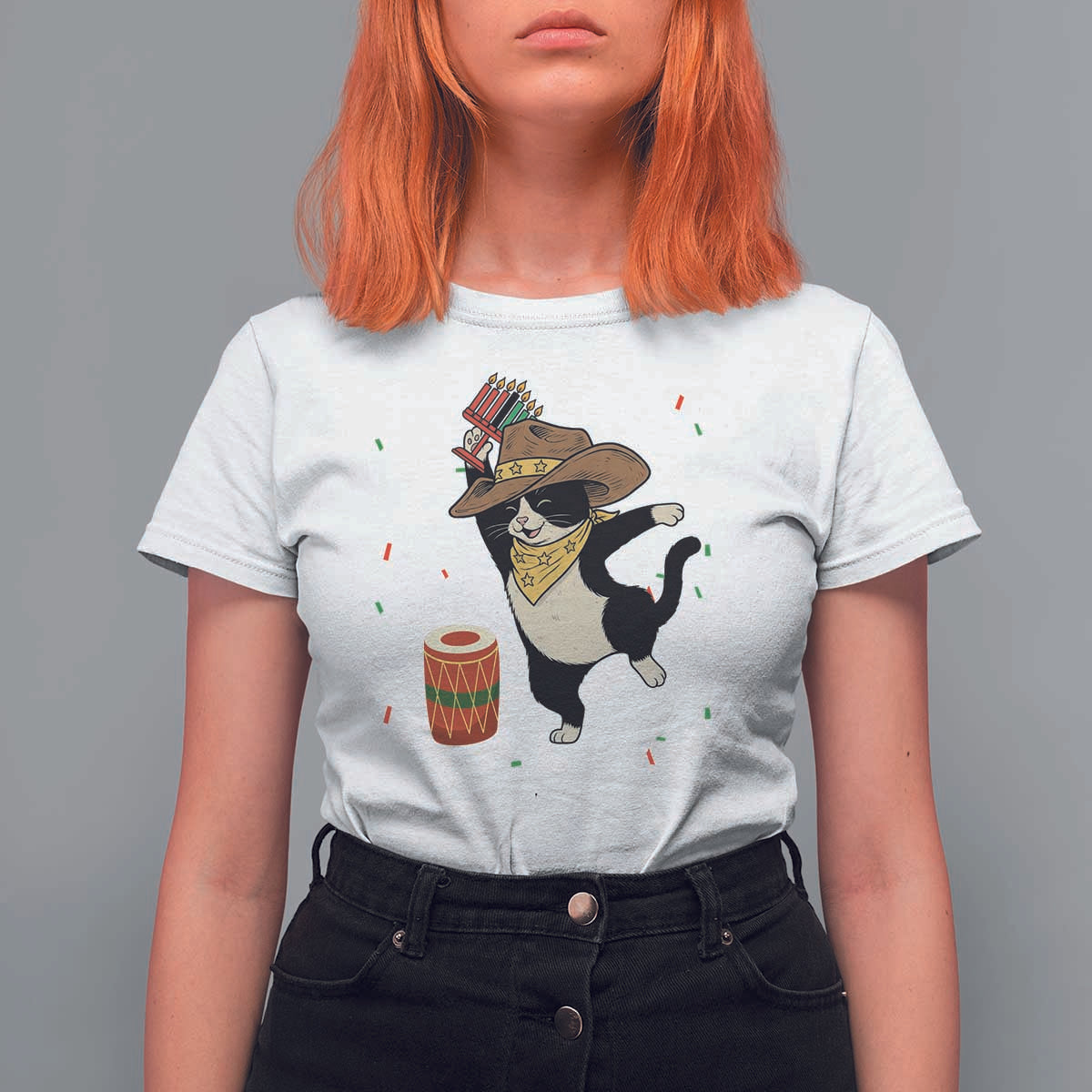 Funny Kwanzaa Cowcat Dance T Shirt For Women Festival Of Lights African Heritage Gift - Wonder Print Shop