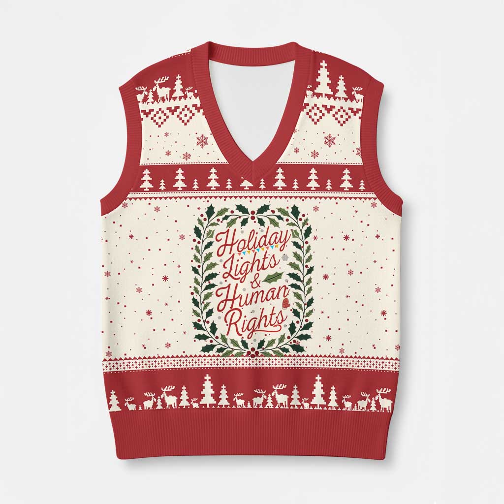 Holiday Lights And Human Rights V-Neck Knit Sweater Vest Christmas Activists Freedom Gift - Wonder Print Shop