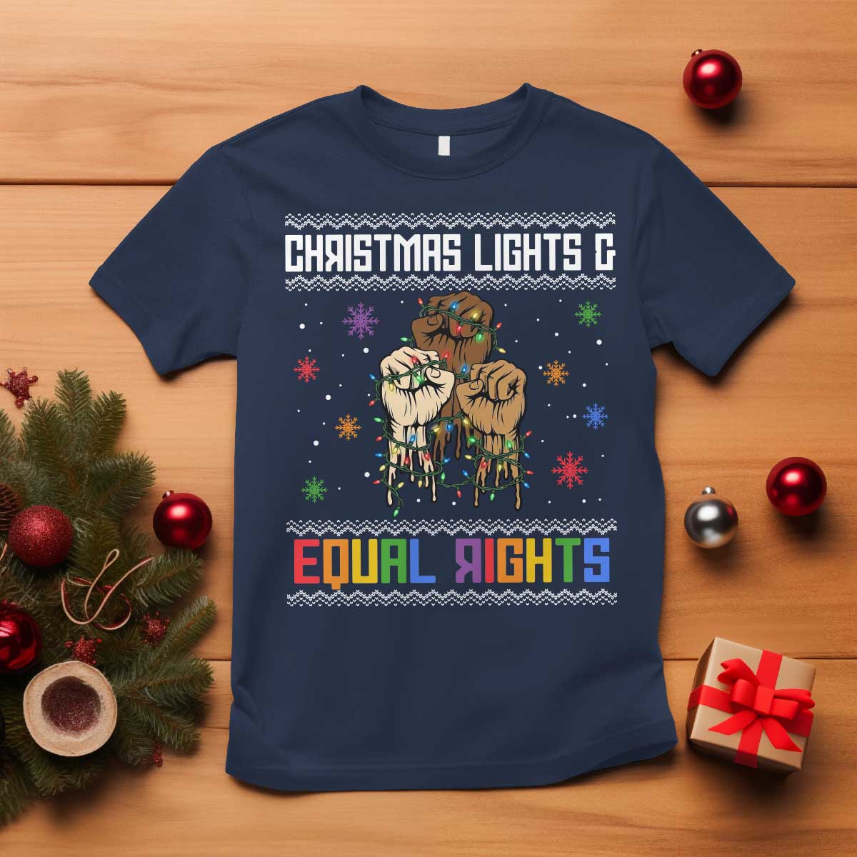 Christmas Lights And Equal Rights Ugly Sweater T Shirt Xmas Activism Gift - Wonder Print Shop