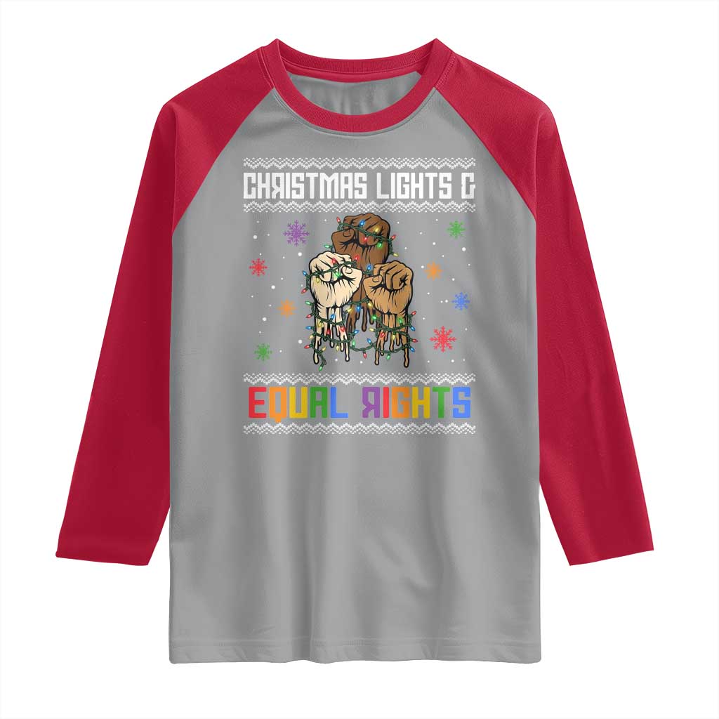 Christmas Lights And Equal Rights Ugly Sweater Raglan Shirt Xmas Activism Gift - Wonder Print Shop