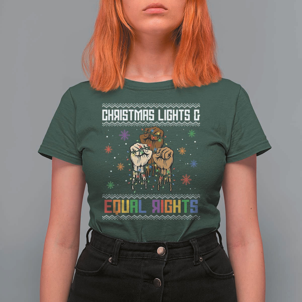 Christmas Lights And Equal Rights Ugly Sweater T Shirt For Women Xmas Activism Gift - Wonder Print Shop
