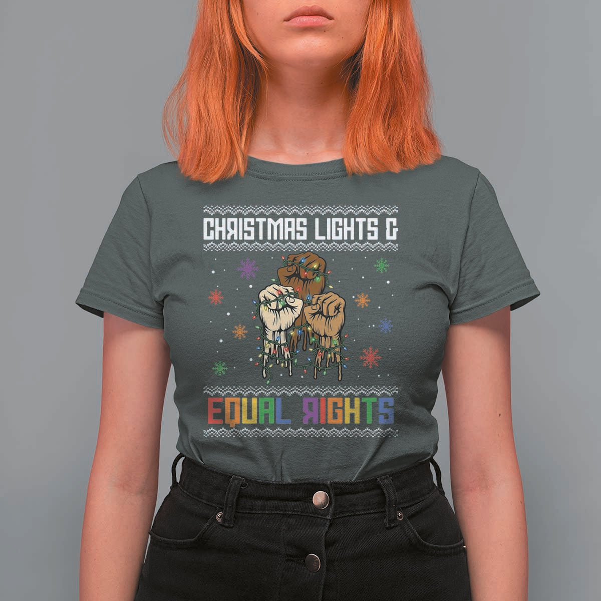 Christmas Lights And Equal Rights Ugly Sweater T Shirt For Women Xmas Activism Gift - Wonder Print Shop