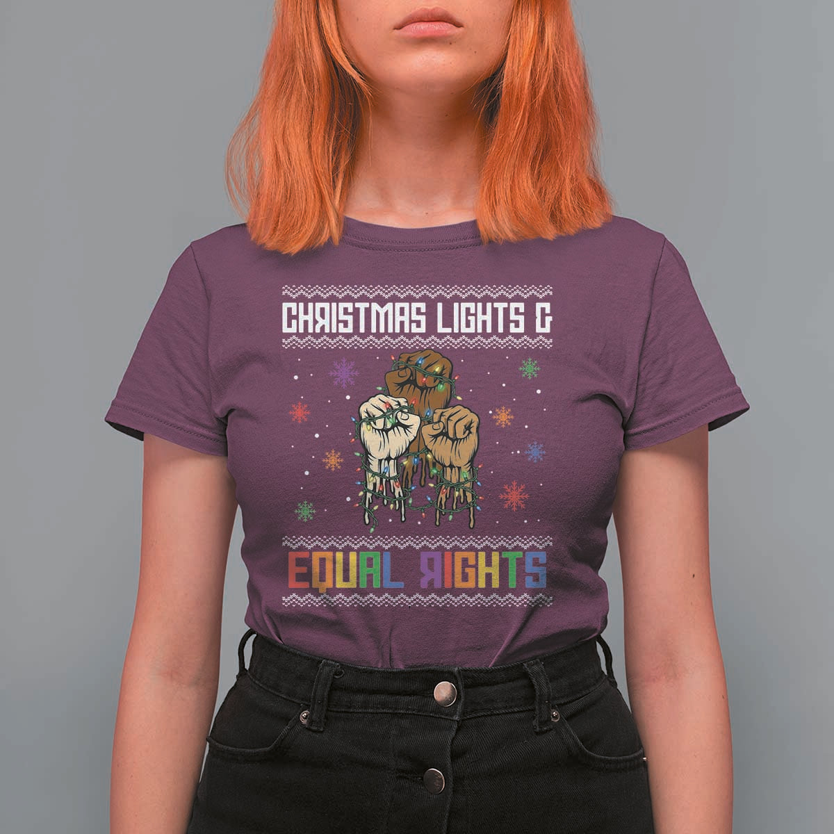 Christmas Lights And Equal Rights Ugly Sweater T Shirt For Women Xmas Activism Gift - Wonder Print Shop
