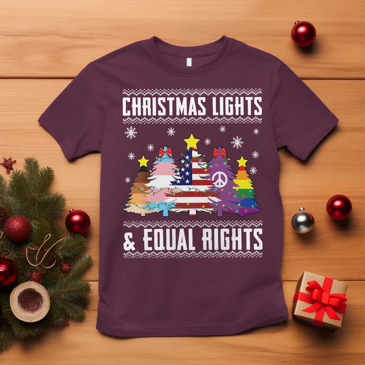 Xmas Lights Equal Rights Ugly Sweater Activism Gift T Shirt - Wonder Print Shop