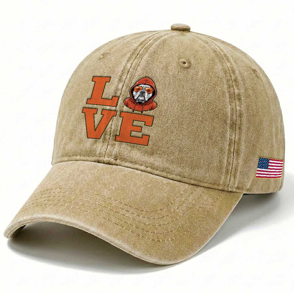 Love Vintage Cool Bulldog Washed Cotton Baseball Cap Game Day Dog Lover