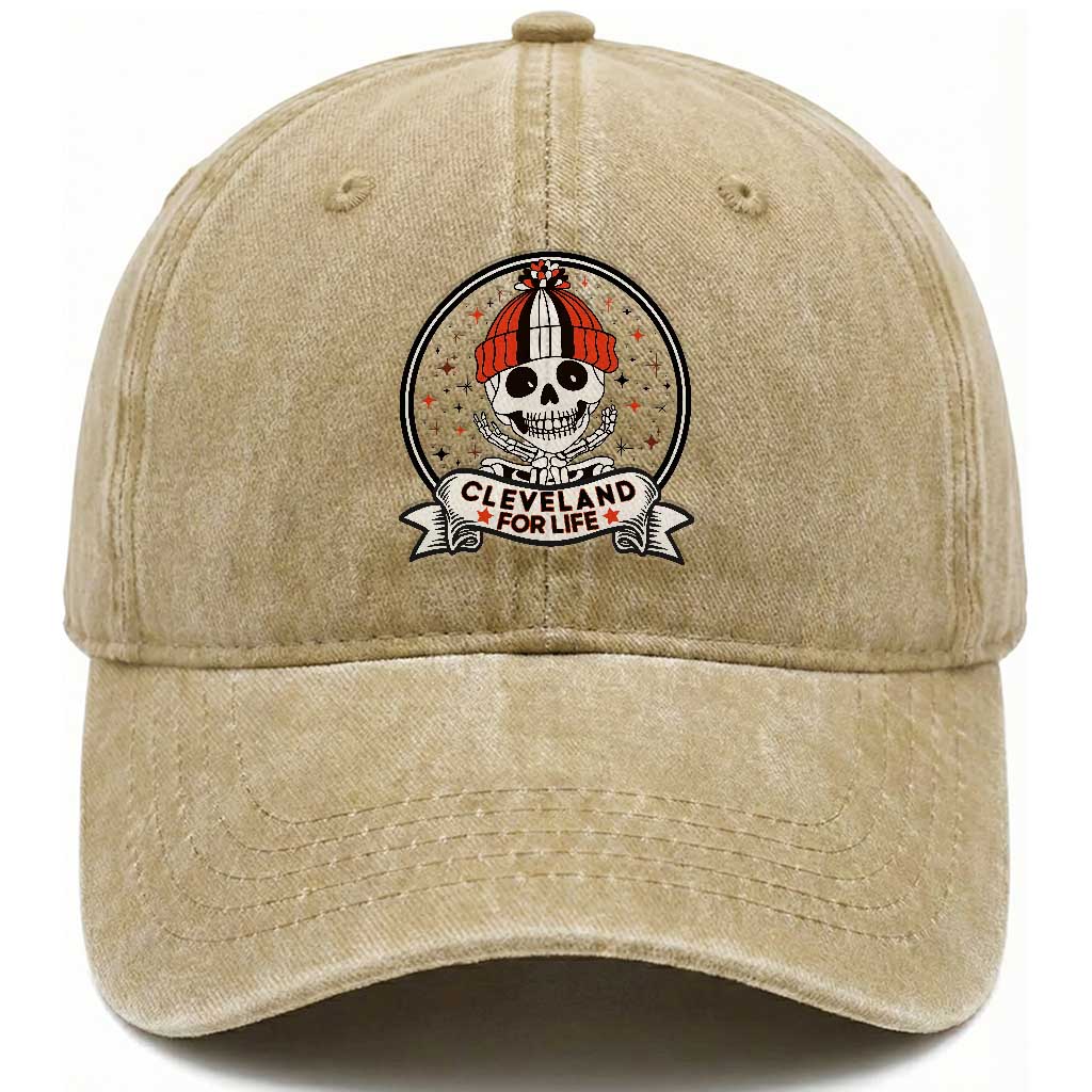 Funny Skeleton Dark Football Lover Washed Cotton Baseball Cap Cleveland For Life