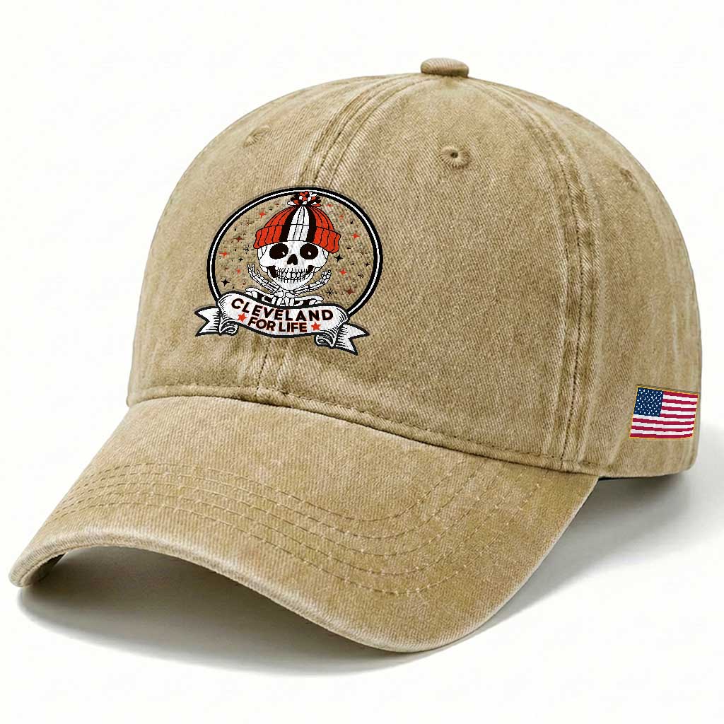 Funny Skeleton Dark Football Lover Washed Cotton Baseball Cap Cleveland For Life