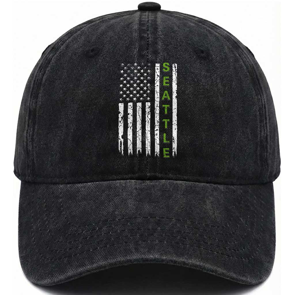 Seattle With American Flag Fan Pride Washed Cotton Baseball Cap Gift For Sports Lovers