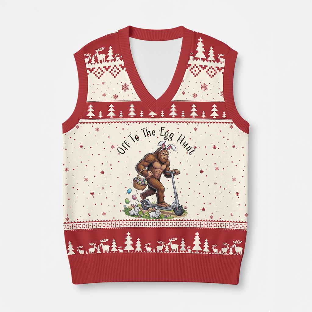 Funny Easter Bigfoot V-Neck Knit Sweater Vest Off To The Egg Hunt