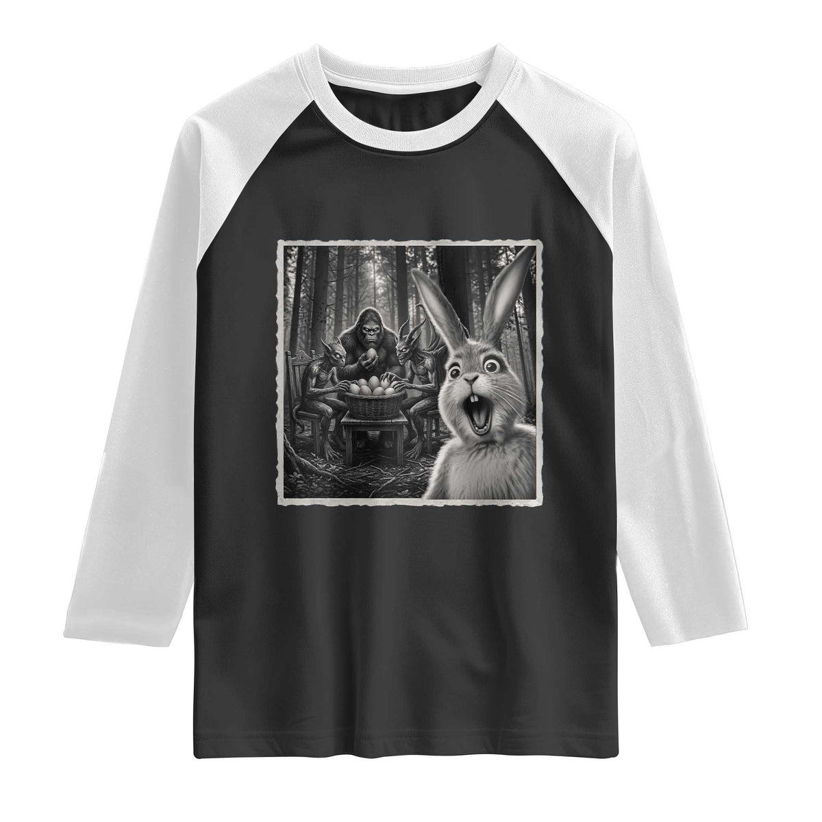 Funny Easter Bunny Selfie Raglan Shirt Bigfoot Jersey Devil Chupacabra Egg Hunt