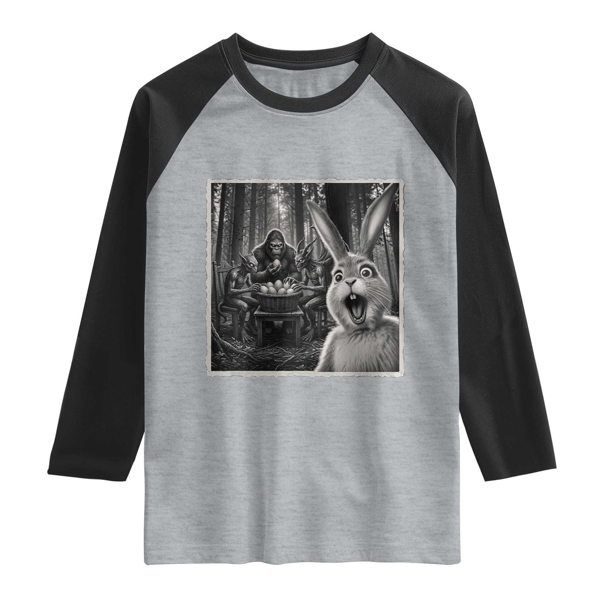 Funny Easter Bunny Selfie Raglan Shirt Bigfoot Jersey Devil Chupacabra Egg Hunt