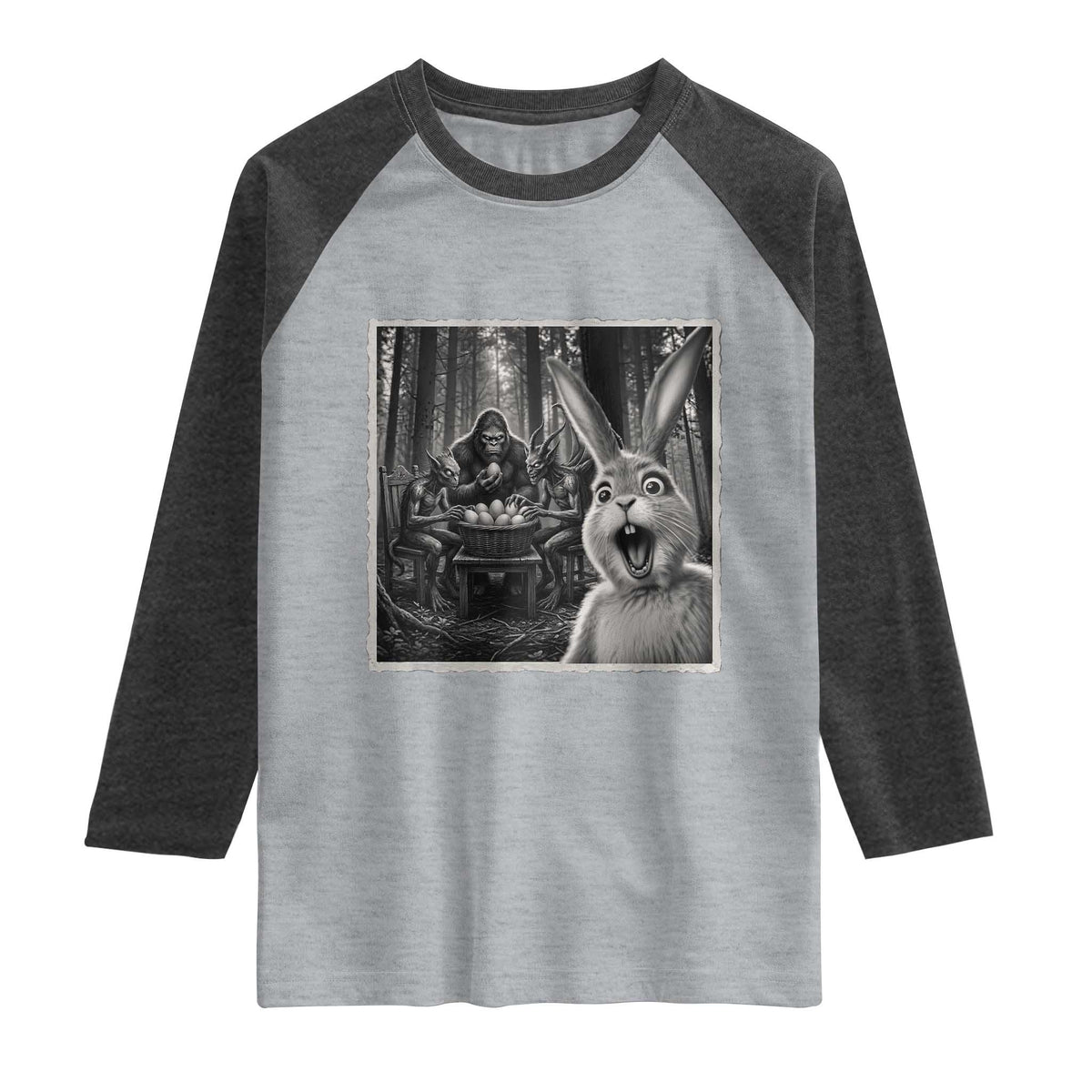 Funny Easter Bunny Selfie Raglan Shirt Bigfoot Jersey Devil Chupacabra Egg Hunt