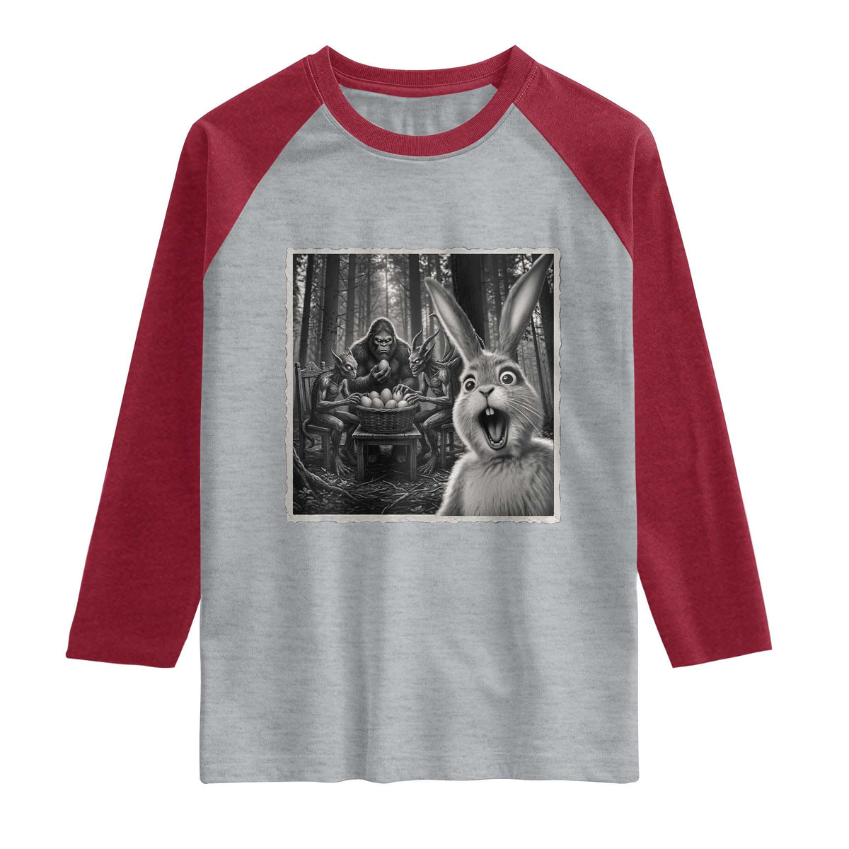 Funny Easter Bunny Selfie Raglan Shirt Bigfoot Jersey Devil Chupacabra Egg Hunt