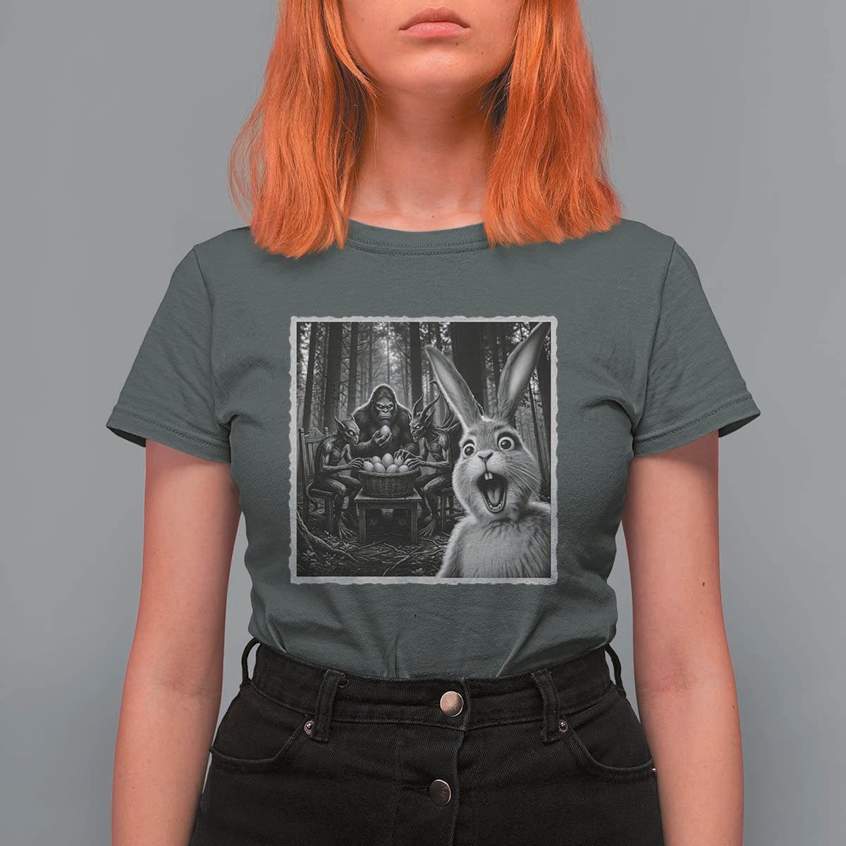 Funny Easter Bunny Selfie T Shirt For Women Bigfoot Jersey Devil Chupacabra Egg Hunt