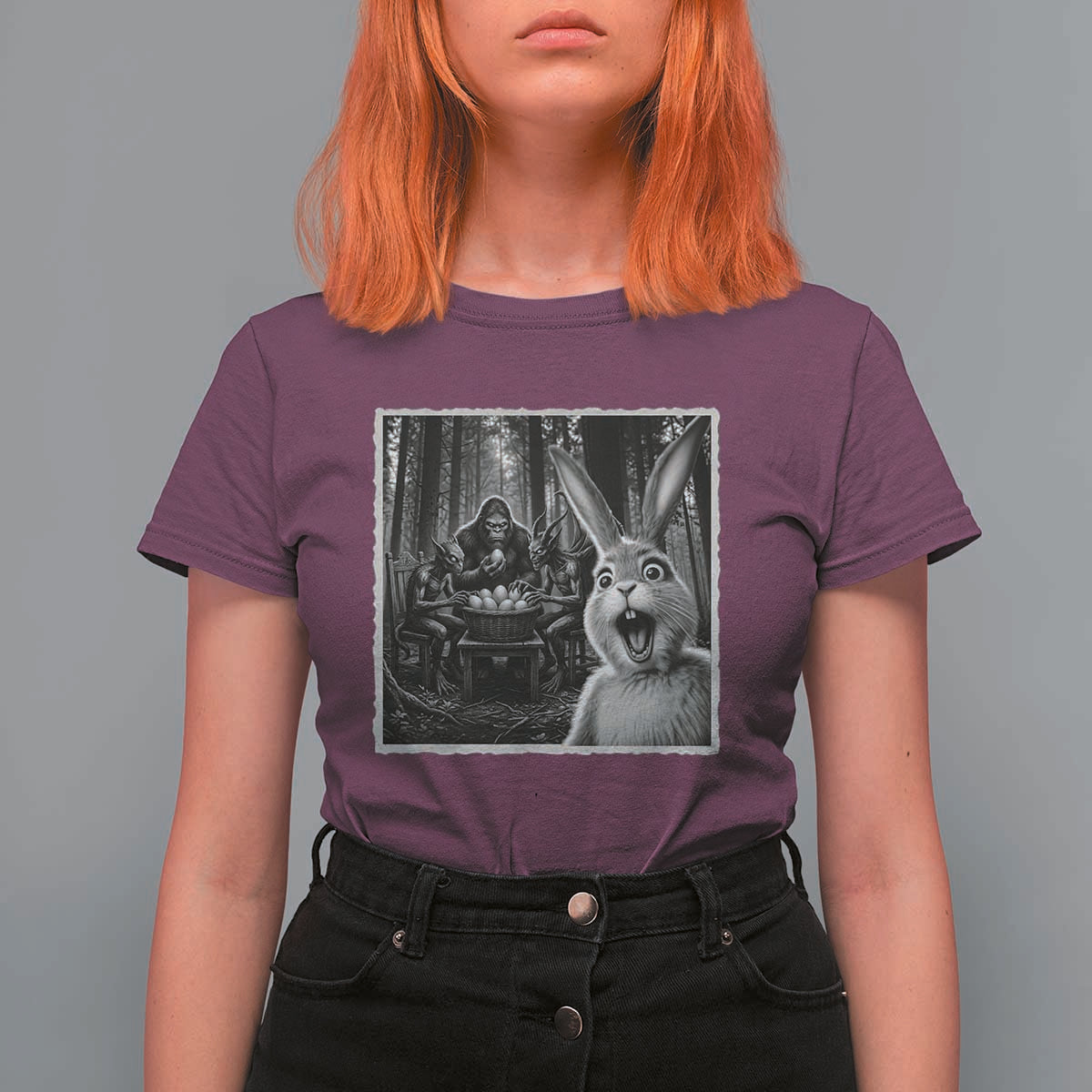 Funny Easter Bunny Selfie T Shirt For Women Bigfoot Jersey Devil Chupacabra Egg Hunt
