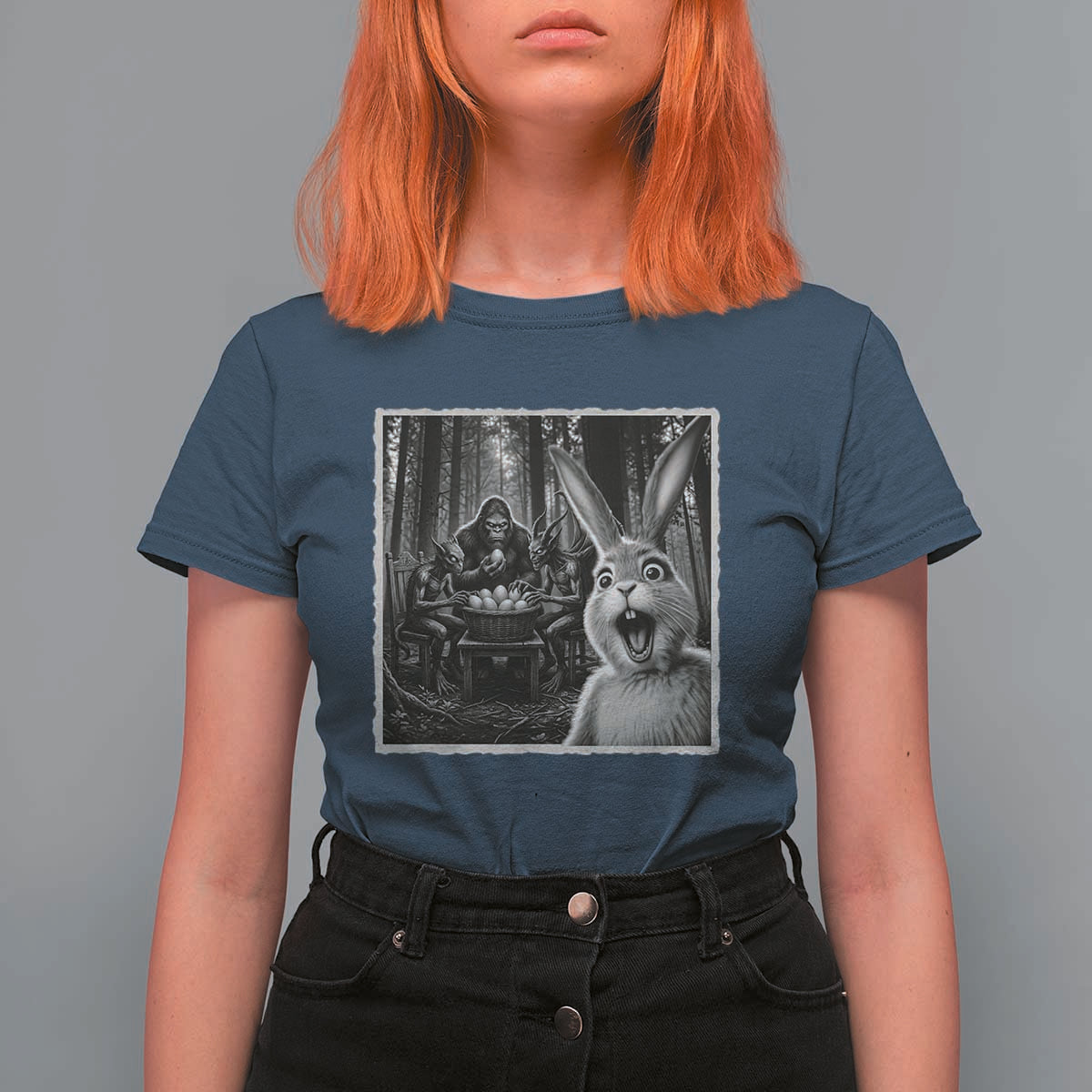 Funny Easter Bunny Selfie T Shirt For Women Bigfoot Jersey Devil Chupacabra Egg Hunt
