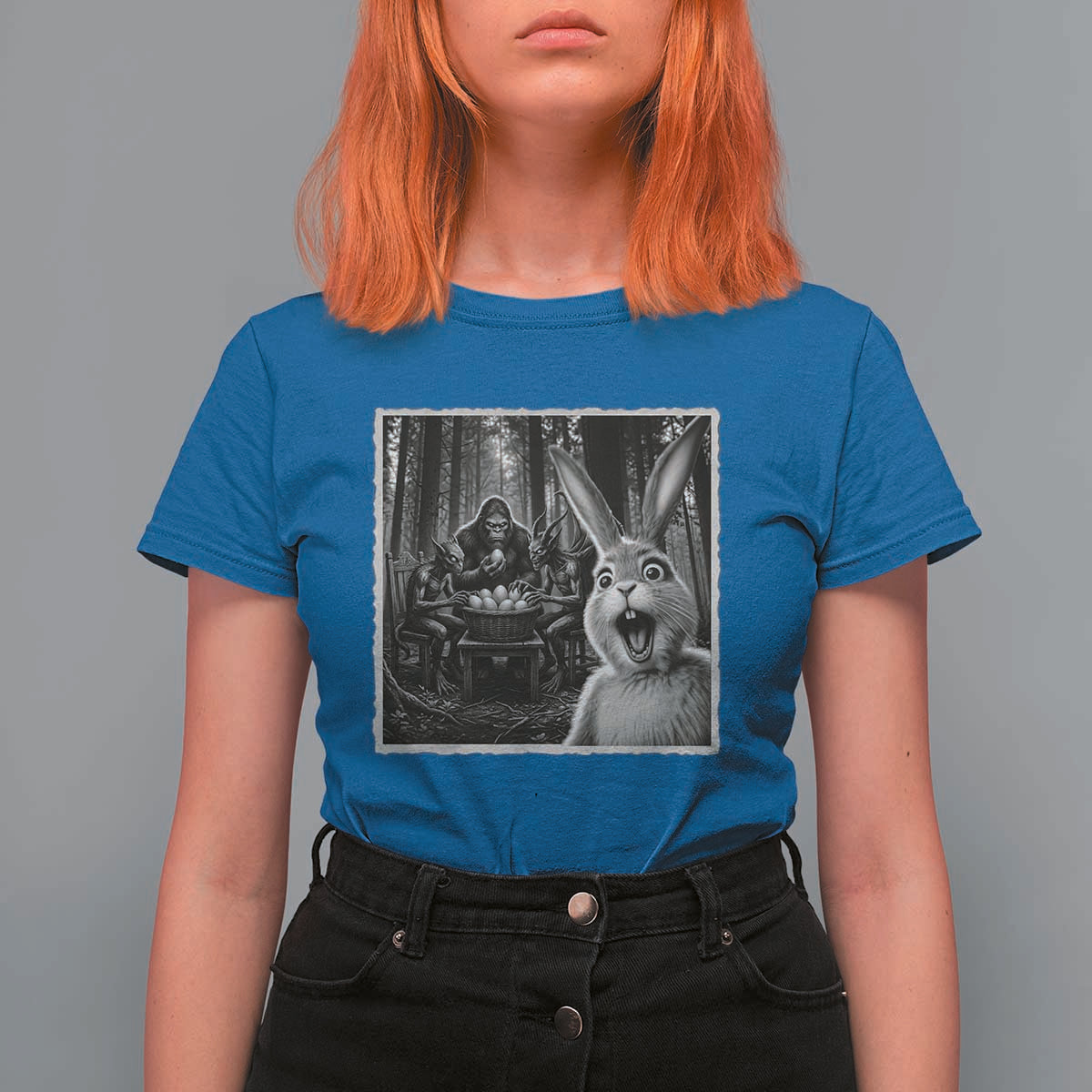 Funny Easter Bunny Selfie T Shirt For Women Bigfoot Jersey Devil Chupacabra Egg Hunt