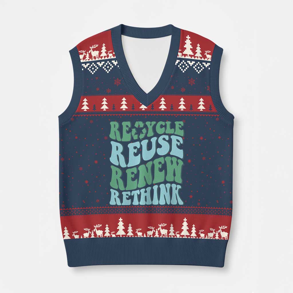 Recycle Reuse Renew Rethink V-Neck Knit Sweater Vest Eco Friendly Earth Day