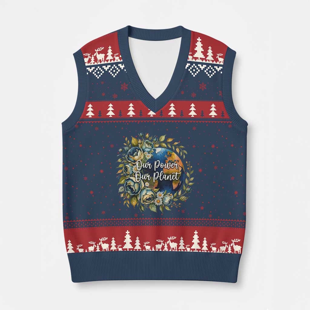 Save The Planet Earth Day V-Neck Knit Sweater Vest Our Power Our Planet