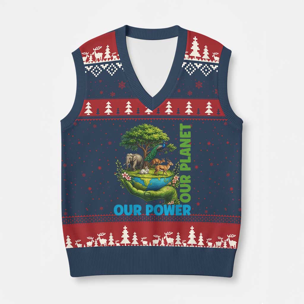 Our Power Our Planet V-Neck Knit Sweater Vest Earth Day Nature Lover Gift