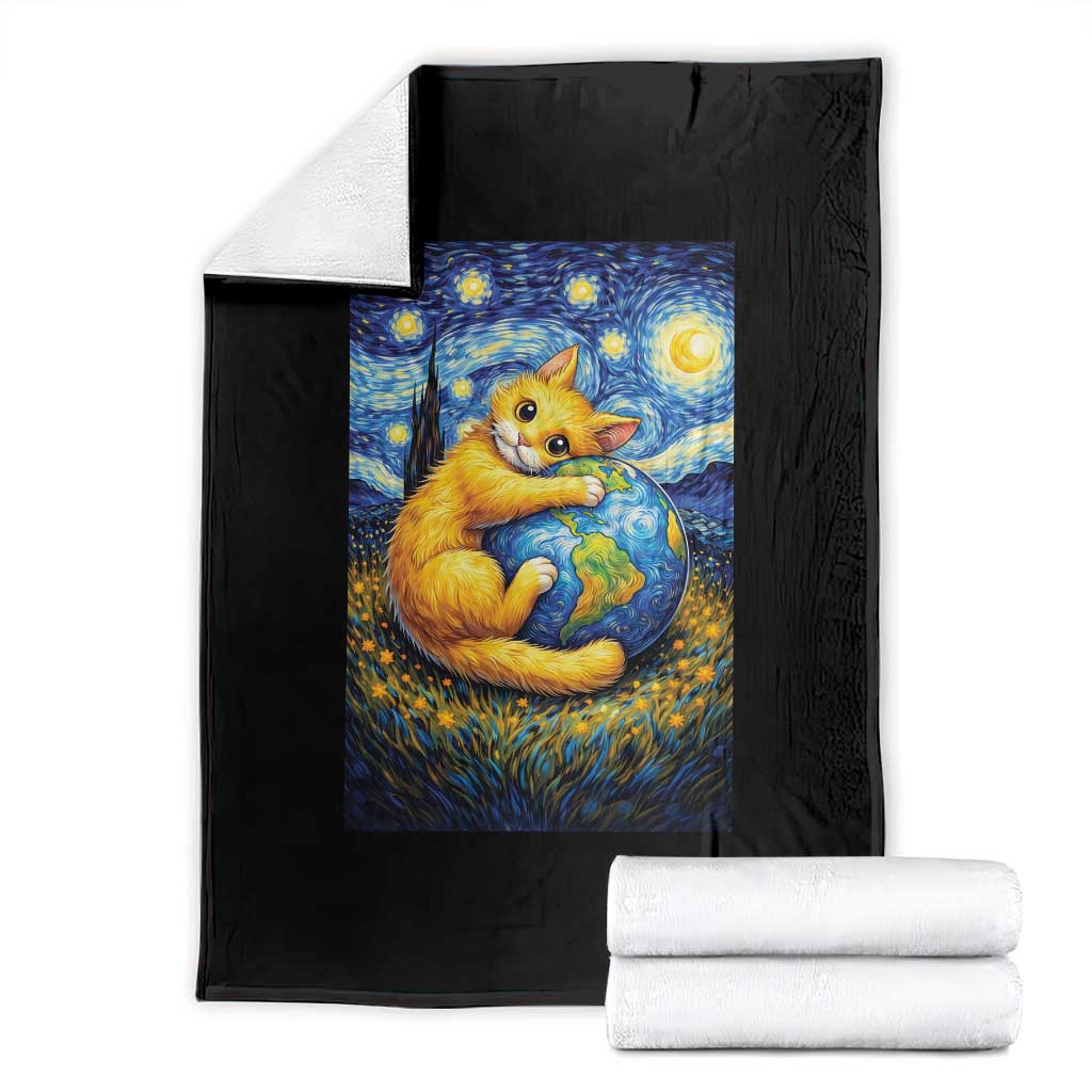 Earth Day Throw Blanket Starry Night Cat Hugging Earth