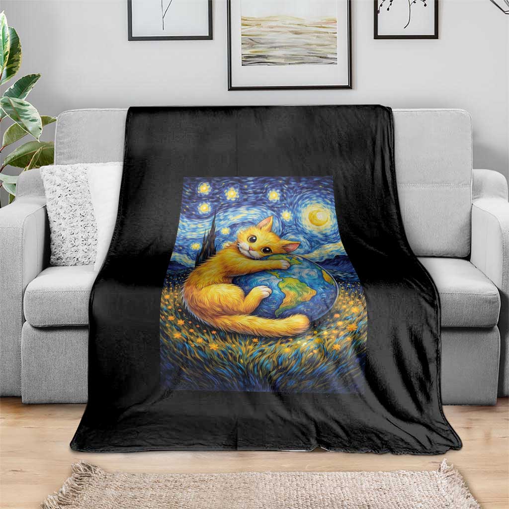 Earth Day Throw Blanket Starry Night Cat Hugging Earth