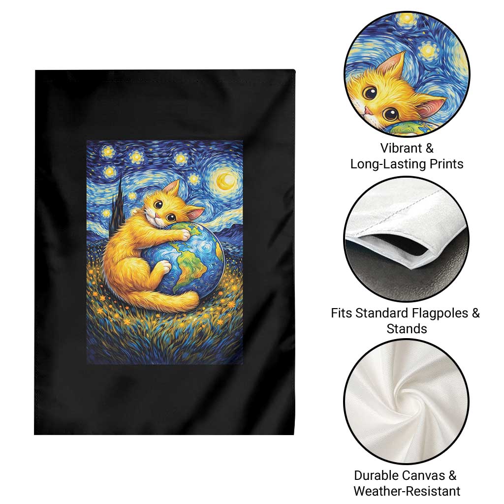 Earth Day Garden Flag Starry Night Cat Hugging Earth
