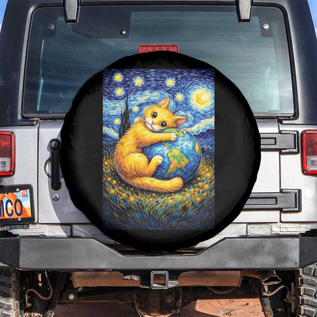Earth Day Spare Tire Cover Starry Night Cat Hugging Earth
