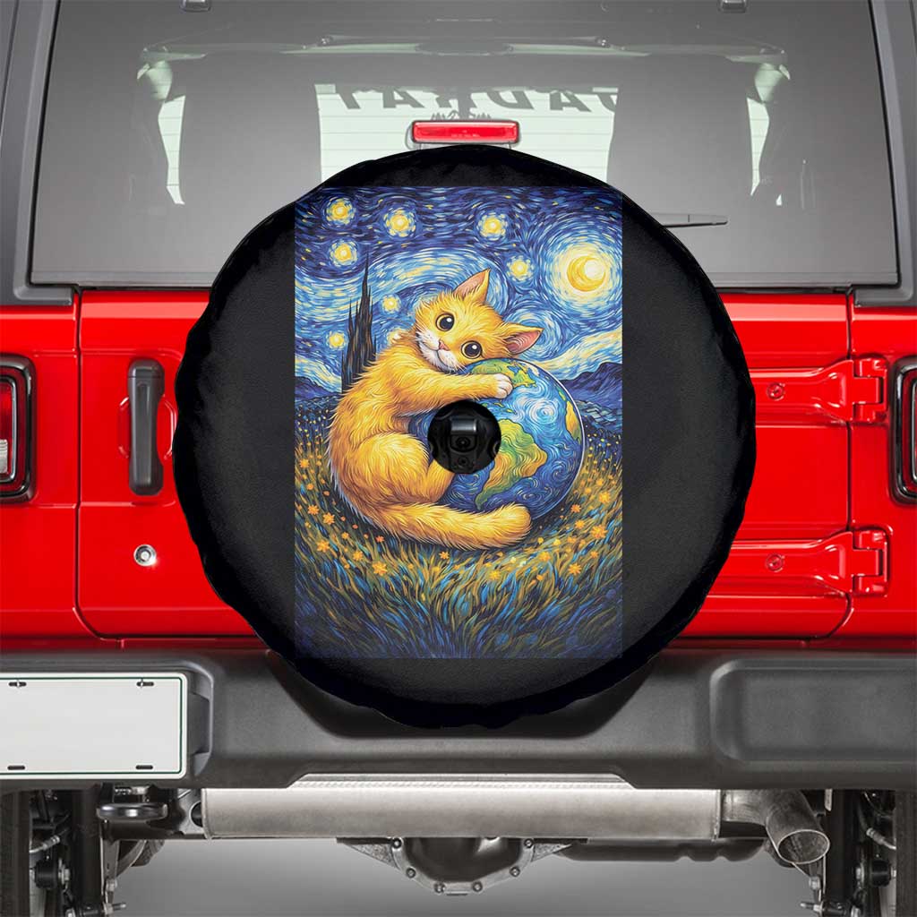 Earth Day Spare Tire Cover Starry Night Cat Hugging Earth
