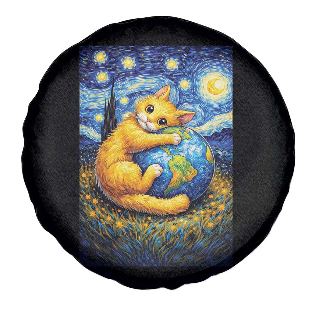 Earth Day Spare Tire Cover Starry Night Cat Hugging Earth